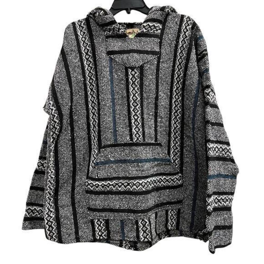 BAJA JOE Black Mexican blanket beach bum hoodie oversized boxy VTG sz L